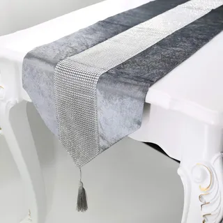 Deggodech Luxus Samt stilvolle atmosphäre minimalistischen modernen Diamanten Tischläufer/Tischdecke Couchtisch Tuch und Zwei Quasten (32 x 185 cm) (Silber)