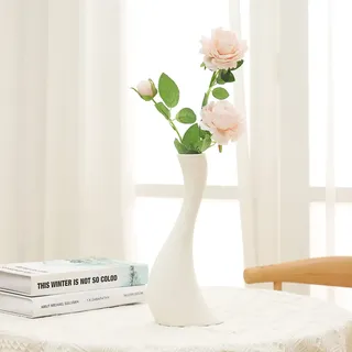 Cutfouwe Vase Weiß,26cm Hoch Matt Keramikvase,Blumenvase Modern Deko Vase für Pampasgras,Kreative Abstrakt Schmalen Hals Handmade Vasen für Tischdeko Home Office Dekoration,Weiß