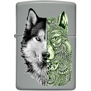 Zippo Sturmfeuerzeug - Modell Tattoo Wolf in Color Image - Flat Grey Finish - Nachfüllbar - Wiederverwendbar - Windfestes Design - Geschenkbox - Made in USA