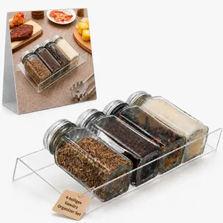 Gewürz Organizer Schublade 4 Teilige, Transparentes Acryl Gewürzregal | Erweiterbarer Gewürzhalter zur platzsparenden Gewürzaufbewahrung und besseren Organisation für Küche und Schubladen