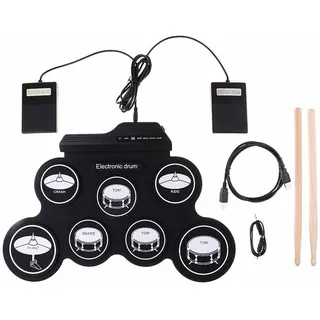 NEWFUN Schlagzeug Elektronisch, Elektronisches Schlagzeug, E Drum, Elektronisches Schlagzeug, Roll-up Drum Practice Pad mit 7 Silikon Schlagzeug Pads mit Mallets und Fußpedal