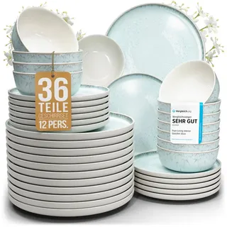 PURE LIVING INTERIOR DESIGN Geschirr-Set Pure Living »Ibiza« (36-tlg), 12 Personen, Steingut, Blau-Beige, 12 Personen, Steingut, Mediterrane Handwerksoptik, Reaktive Glasur – jedes Stück einzigartig... beige|blau|schwarz