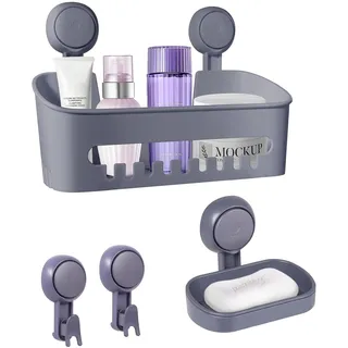 Uten Duschablage Ohne Bohren Set, Duschkorb, Seifenschale mit Saugnapf 2er-Pack aus Kunststoff, Wiederverwendbar 4-in- 1 Badregal Set für Küche, Bade, Wohnzimmer, Grau