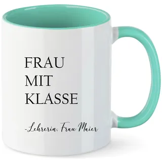AWASG Tasse Lehrerin Frau mit Klasse – Personalisiert mit Namen – Kaffeetasse Geschenk Abschied Schule Schulabschluss Freundin Arbeitskollegin - Keramik 330ml (mint)