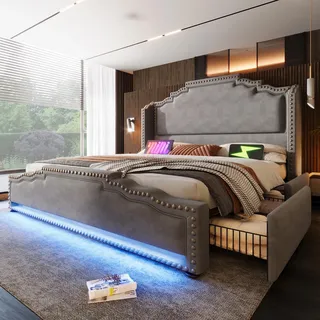 Merax Polsterbett 180x200cm Doppelbett Bettrahmen mit 4 Schublade, Gepolstertes Bett mit LED & USB-C-Ladeanschluss, Stauraumbett Funktionsbett mit Lattenrost, Samt, Retro-Stil, ohne Matratze, Grau