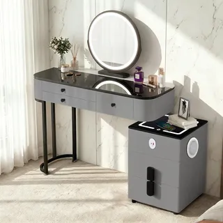 MJKCBD Schminktisch mit Spiegel, Frisiertisch mit Schubladen Organizer | 100cm Vanity mit Glasplatte, 40cm Verschiebbarer Schrank, Massivholz, PU-Leder, Moderner für Schlafzimmer & Make-up, Grau