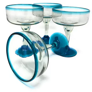 Mexikanisches mundgeblasenes Glas - 4er Set mundgeblasene Margarita-Gläser (16 oz) mit aquabblauen Rändern