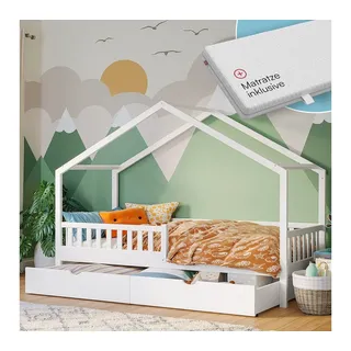 Bellabino Hausbett Vils 90x200 cm mit Rausfallschutz & Lattenrost (inkl. Schublade & Matratze), Kinderbett auch verfügbar mit Gästebett/ohne Schublade weiß