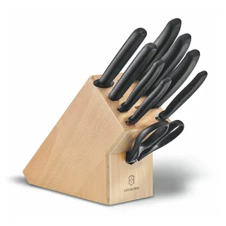 VICTORINOX Swiss Classic Messerblock aus Holz, 9-tlg Bestückt mit 8 Messern und 1 Mehrzweckschere, Aufbewahrung, Helles Buchenholz