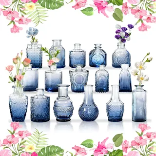 UISEBRT Kleine Vasen für Tischdeko, Vintage Mini Blumenvasen, Glasvasen für Hochzeit, Babyparty, Wohnungsdeko, Kleine Dekovasen für Blumen Pflanzen oder Geschenk,Blau 16er Set