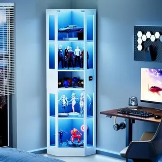 QMTXBYJ Eckvitrine Glasvitrine mit LED-Beleuchtung und Körpersensor, 5 Lagen Eck-Glasvitrine mit Glastür und Schloss, Eck Vitrinenschrank Sammlervitrine Bücherschrank für Wohnzimmer Büro