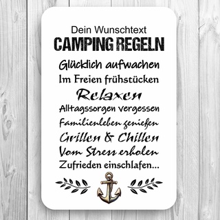 homeyourself - Holzschild Deko Schild personalisiert mit Druck/Wunschtext - Camping Regeln Anker - individualisiert 20 x 30 cm