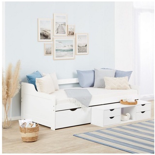 Homestyle4u Holzbett Kojenbett 90x200 cm Stauraumbett Kinderbett Weiß (inkl. Lattenrost und Schubladen als Stauraum) weiß