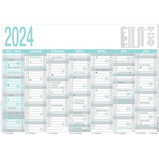 Arbeitstagekalender grau/türkis 2024 - A4 (29,7 x 21 cm) - 7 Monate auf 1 Seite - Tafelkalender - Plakatkalender - Jahresplaner - 909-0000