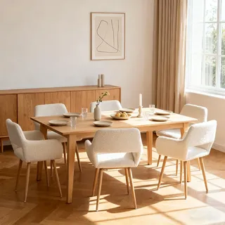 MEUBLE Cosy Esszimmerstühle 6er Set mit Armlehnen, Polsterstuhl Sitzfläche aus Bouclé-Stoff, Küchenstuhl Skandinavisch, Metallbeinen, Creme