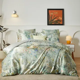 Luowei Satin Bettwäsche 155x220 cm Klassisch Tinte Stil Blumen Muster Bettwäsche Set Vintage Tintengrün Glatt Textur Bettbezug 3teilig mit Reissverschluss und 2 Kissenbezüge 80 x 80 cm