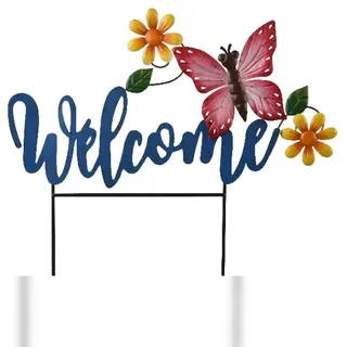 Decoris Gartenstecker Schriftzug Welcome mit Schmetterling und Blumen 45cm Metall Outdoor Deko Gartendeko Metallfigur Blumenstecker Außenbereich Metallstecker