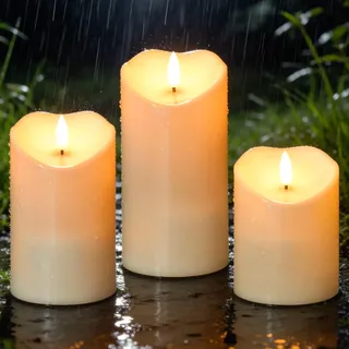 Eldnacele Solar Kerzen Outdoor, 3er Set Solarkerzen Wetterfest IP65 mit LED Flackereffekt, Flammenlose Stumpenkerzen Ø7,5 cm in Weiß für Garten, Terrasse, Balkon und Laternen