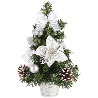 Herfair Mini Weihnachtsbaum, Künstlich Weihnachts Baum mit Weihnachtskugeln Tannenzapfen und Schleifen, Klein Weihnachtsbaum Figuren Ornamente für Weihnachten Tischdeko (Silber,30 cm/ 11.8 in)