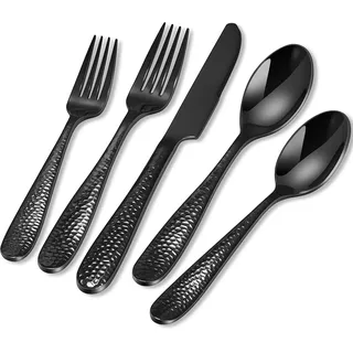 Besteck Set 12 Personen Schwarz, HONKKU 60 Teiliges Gehämmertes Besteckset, Premium Edelstahl Essbesteck Set mit Messer Gabeln Löffel für Familien/Party/Restaurant, Hochglanzpoliert Spülmaschinenfest