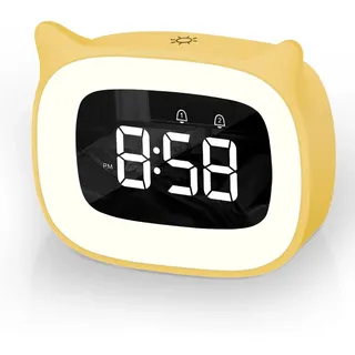 Aoreun Wecker Digital Kinder, Dual-Wecker mit licht Digital, Cute Katzen Kinderwecker Nachttischlampe Snooze Funktion 18 Musik 5 Helligkeitsmodus, zeitgesteuertes Nachtlicht wecker (Gelb)