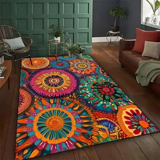 USHIRUG Vintage-Mandala-Teppich, 160x230cm Moderner, Abstrakter, Geometrischer Teppich Bunten Kreisen im Ethno-Stil rutschfest Waschbar Büro Landhausstil Teppiche für Wohnzimmer Arbeitszimmer
