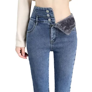 Damen Winter Jeans Fleece Gefütterte Denim Leggings High Waist Thermojeans Slim Fit Jeans Winter Warme Gefütter Thermohose Jeanshosen für Frauen Plüsch Jeggings
