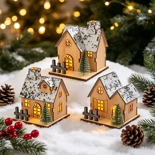 3 Stück Weihnachtsdorf mit Beleuchtung, Weihnachtsdeko Innen LED Holzhaus | Weihnachten Wichtelhaus Weihnachtshaus Beleuchtet Weihnachtsdeko Holz Haus Mini Lichthaus Weihnachtsstadt Häuser Winter Deko