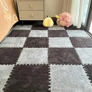 Xiyocadt 10 Stück Puzzleteppich Flauschig, 30x30 cm Puzzle Teppich Matte, Anti-Rutsch Schaumstoff-Bodenmatten für Schlafzimmer, Wohnzimmer (Grau+Schwarz,30x30x1 cm)