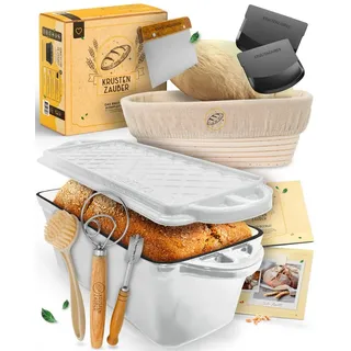 Krustenzauber Brotbackform Emaille Brotbackform 28cm mit Deckel im Komplettset, Kastenform Brot weiß