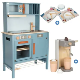 Small Foot Spielküche Tasty Holz, Kinder Spielküche Kinderküche Set mit Geschirr & Kaffeemaschine blau