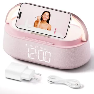 COLSUR Radiowecker Digital mit Wireless Charger, Bluetooth Lautsprecher Smart Wecker Schlummerfunktion Induktive Ladestation mit Licht Nachtlampe, Dimmbares LED Display, Geschenke für Männer Frauen
