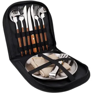 Camping Geschirr Set für 2 Personen, 12 Stück, Edelstahl, Picknick Besteck, Tragbare Bestecktaschen, Holzmaserung Griffe, Esstisch Matte