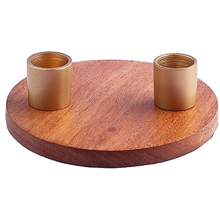 Stabkerzenhalter auf Holzteller Ø Außen 130 mm und 2 Gold-Kerzentüllen für Kerzen Ø 20 mm