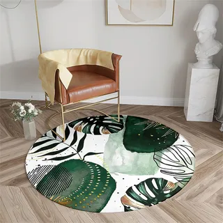 Chickwin Rutschfester Teppich Rund, Pflanzenblätter Muster Teppich Moderne Wohnzimmer Flauschig Teppiche Weich Flanell Fußmatte für Schlafzimmer Küche (Grüne Blätter,Durchmesser 80cm)