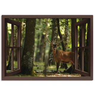 ARTland Leinwandbilder Wandbild Bild auf Leinwand 100x70 cm Fensterblick Hirsch 4 Wald T5YQ