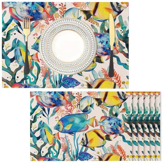 Tropische Fische Platzsets 4er Set, 30x45cm Couchtisch Urlaub Tischsets Bunt Waschbar Platzdeckchen Küche Party Deko Baumwolle Leinen Tischsets