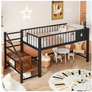 HAUSS SPOLE Hochbett 90x200 Metallrahmen-Halbhochbett,Kinderbett mit Matratze Schwarz (Jugendbett Niedrig mit Aufbewahrungsleiter, Bettgestell mit Stauraum unter dem Bett) mit integrierter Leiter für kleine Schlafzimmer
