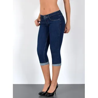 ESRA Caprijeans Damen 3/4 Jeans Hüftjeans niedrige Leibhöhe Damen 3/4 Hose Tief Bund Damen Capri Jeans Low Waist bis Übergröße Plus Size Große Größe Shorts blau 38
