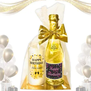AV Andrea Verlag Hochwertiges Geschenkset - Piccolo 22 Karat Blattgold „Happy Birthday“ PINK mit Geburtstagskerze - Secco Sekt mit Stumpenkerze Kerze | Geschenk zum Geburtstag Pfeif auf's Alter