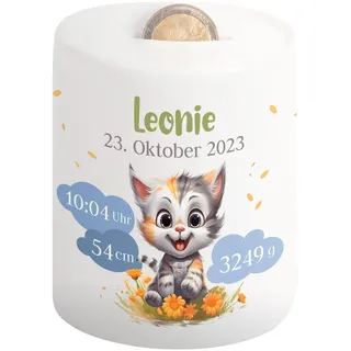 Kinder-Spardose mit Namen & Geburtsdaten personalisiert - Wolken-Motiv - Geldgeschenk für Neugeborenen & Baby - Sparschwein für Mädchen & Jungen - Geschenk zur Geburt, Taufe, Geburtstag (Katze)