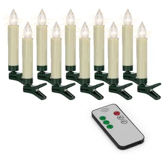 Hellum LED Weihnachtsbaumkerzen kabellos, 10x warmweiß LED Kerzen mit Fernbedienung, batteriebetriebene 9x1,5cm Christbaumkerzen ohne Kabel, dimmbar mit Flackermodus, Wachstropfen 530209