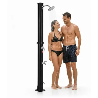 Mucola Solardusche Gartendusche mit Mischbatterie 35 Liter 218 cm Schwarz | Verchromter Regenduschkopf schwenkbar, mit Fußdusche und Bodenplatte, UV-beständig, erwärmt Wasser bis 60°C, Campingdusche