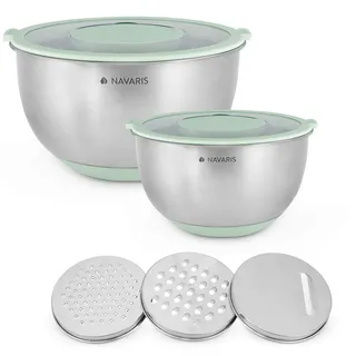 Navaris Edelstahl Schüssel Schale mit Deckel - 2x Rührschüssel Salatschüssel - inkl. 3x Reibe - Set Edelstahlschüssel Schüsselset in Mintgrün