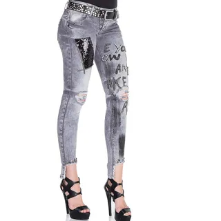 Cipo & Baxx Damen Jeanshose Destroyed Slim Fit Pailletten Patches Denim Jeans Pants Grau W31 L34 - 31