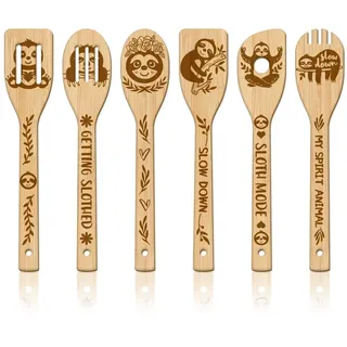 GLOBLELAND 6 Stück Faultier Bambus Kochutensilien Set Aus Holz Mit Gravur Kochlöffel Set Schnitzküche Bambus Spatel Set Holz Kochlöffel Für Die Küche Lustiges Einweihungsgeschenk