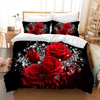 MIQEBX Mädchen Rosa Bettwäsche Bunte Blumen Bettwäsche Rote Rose Bedruckte Bettwäsche Tröster Set 3D Romantische Blume Bettbezug, Mikrofaser Bettbezug Mit Reißverschluss (Rosen, 220x240cm)