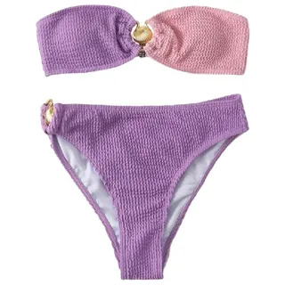 huwvqci Damen Bandeau-Bikini-Set mit Muscheln, gerippt, trägerlos, Badeanzüge, 2-teilig, gesmokter Bikini-Set - S