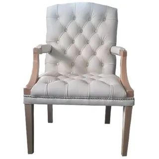 Casa Padrino Echtleder Esszimmerstuhl mit Armlehnen in weiß / hellbraun 60 x 60 x H. 100 cm - Chesterfield Möbel