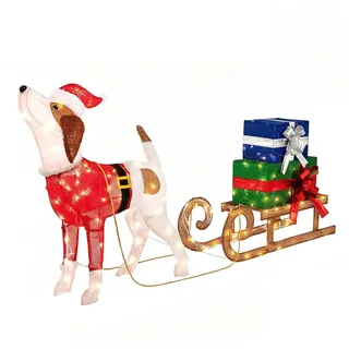 Costway Led Hund mit Schlitten und Geschenkboxen, Weihnachtsdeko